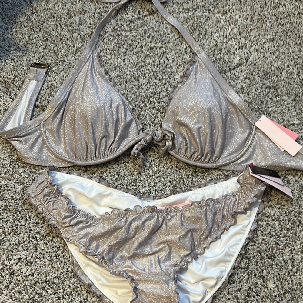 VICTORIA’S SECRET silver sparkle bikini sz40c top & XL bottoms
